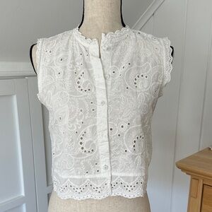 Zara White Eyelet Lace Sleeveless Button-Front Top